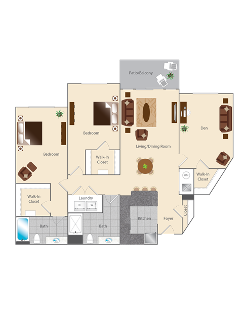 Floor plan for 2 beds, 2 baths, 1359 sqft